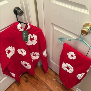 Red Hoodie and Sweatpants Set with White Floral Design